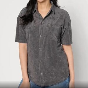 Barefoot Dreams Cozyterry Button Down Shirt Carbon Color Size XS
